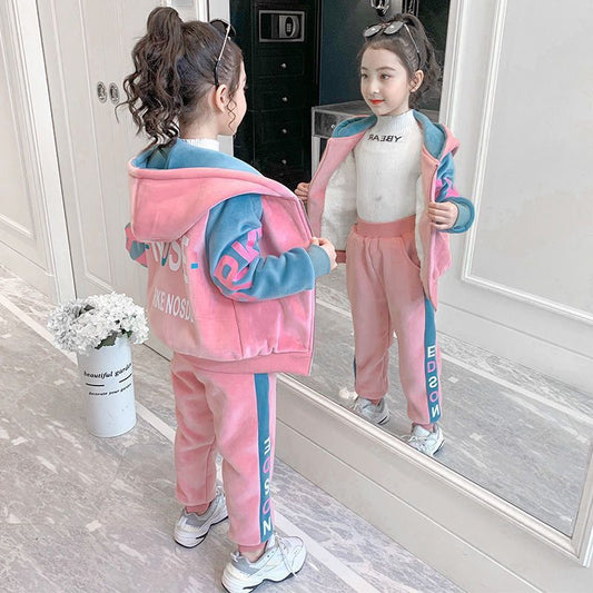 Children's Fleece-lined Thickened Spring Casual Sportswear Double-sided Children's Suit