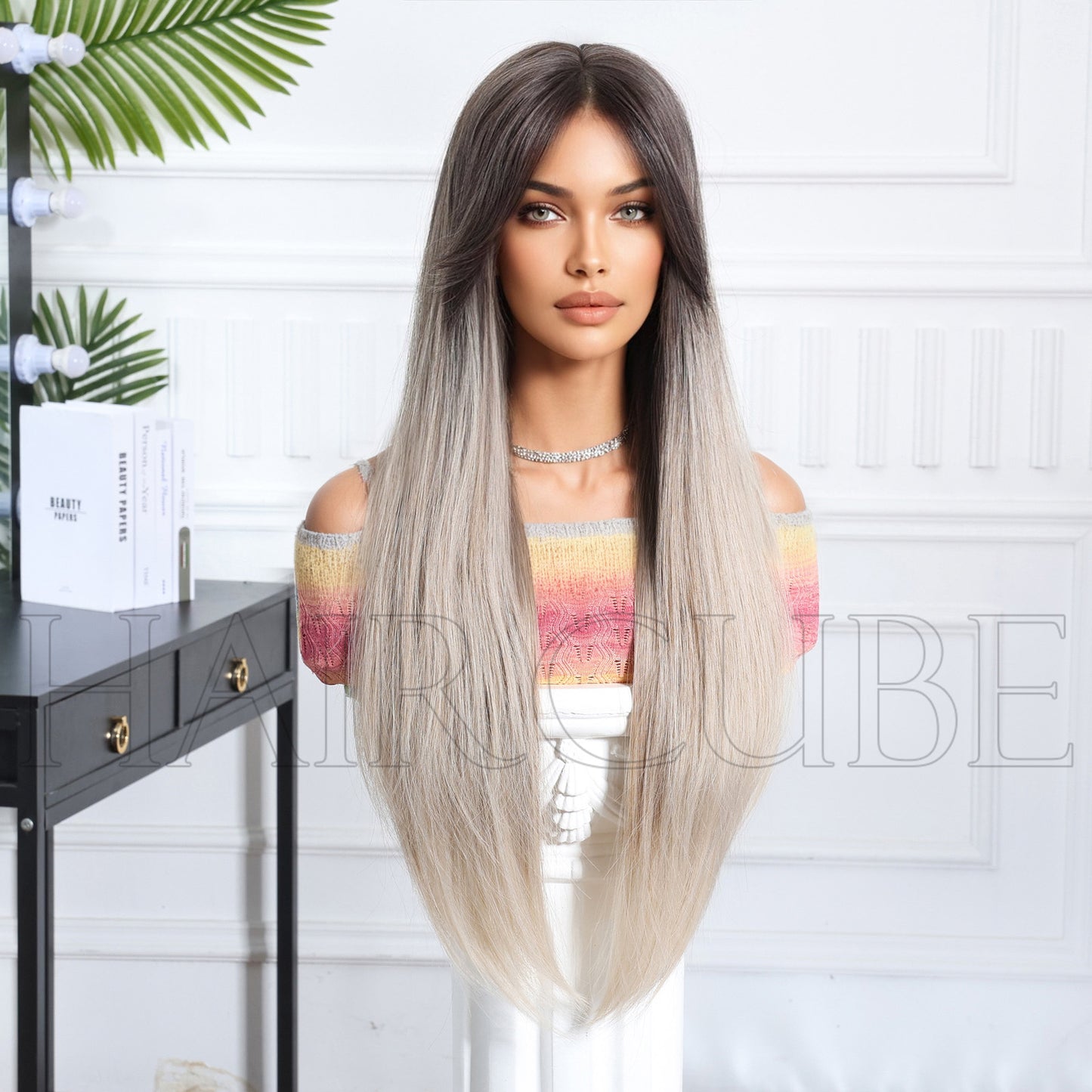 Hair Head Cover Gradient Dyed Mid-point Comfortable Natural Long Straight Wig