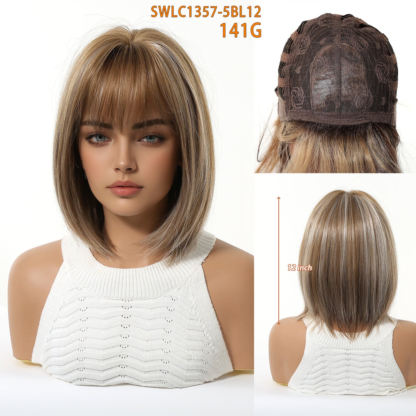 Gradient Brown Highlights Air Bangs Natural Realistic Chemical Fiber Full Wig Short Straight Hair