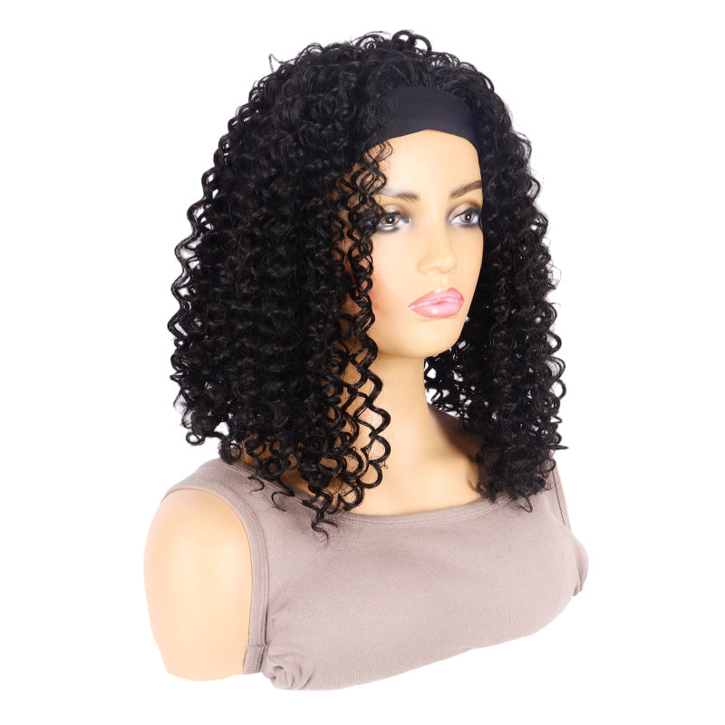 Black Band Head Cover Ice Ribbon Hand Wrapped Small Wig Short Curly Hair