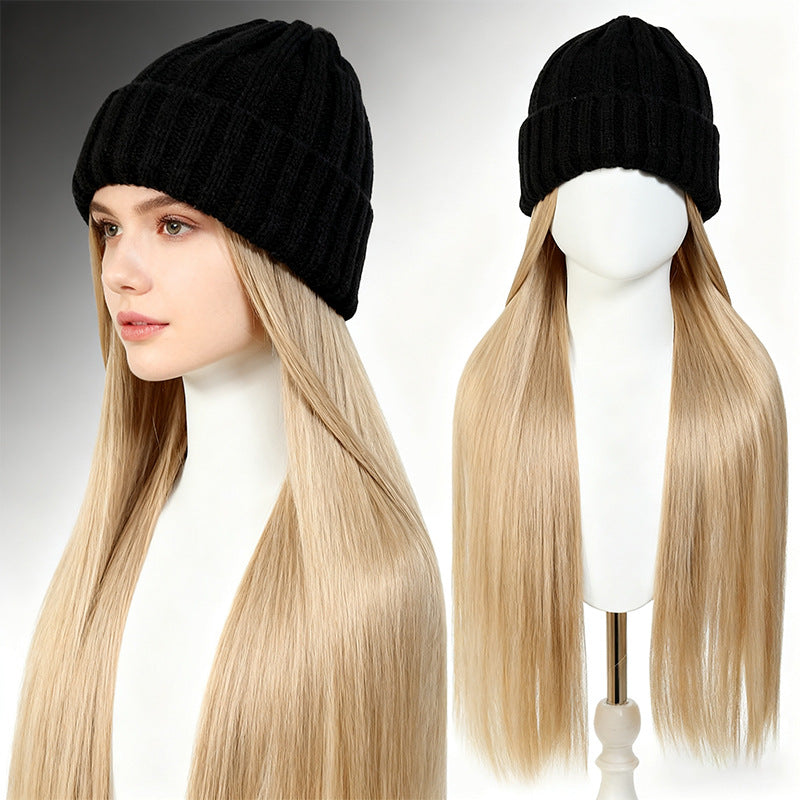 Hat One Black Knitted Golden Long Straight Hair Chemical Other Wig