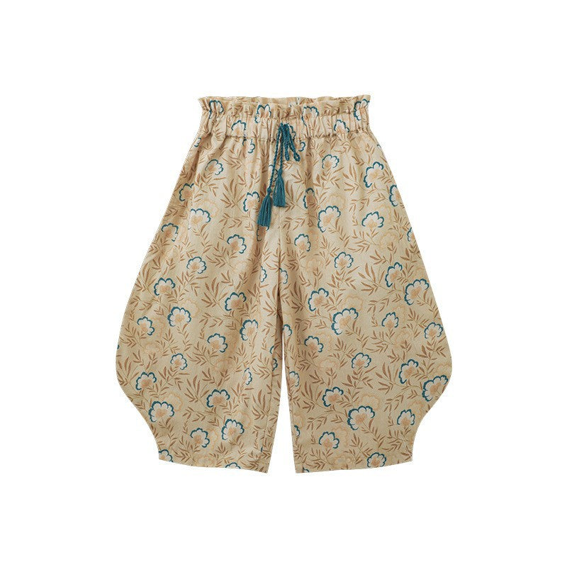 Woven Summer Thin Vintage Floral Ankle Banded Cute Children's Pants