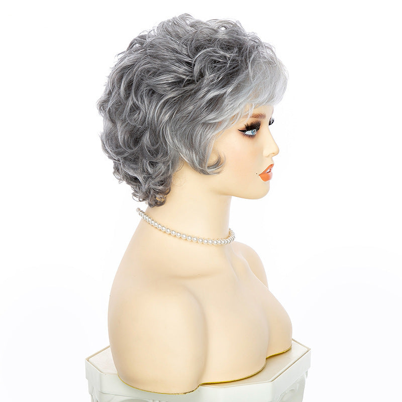 Women's Head Fluffy Side Bangs Gray White Fiber Piece Wig Short Curly Hair