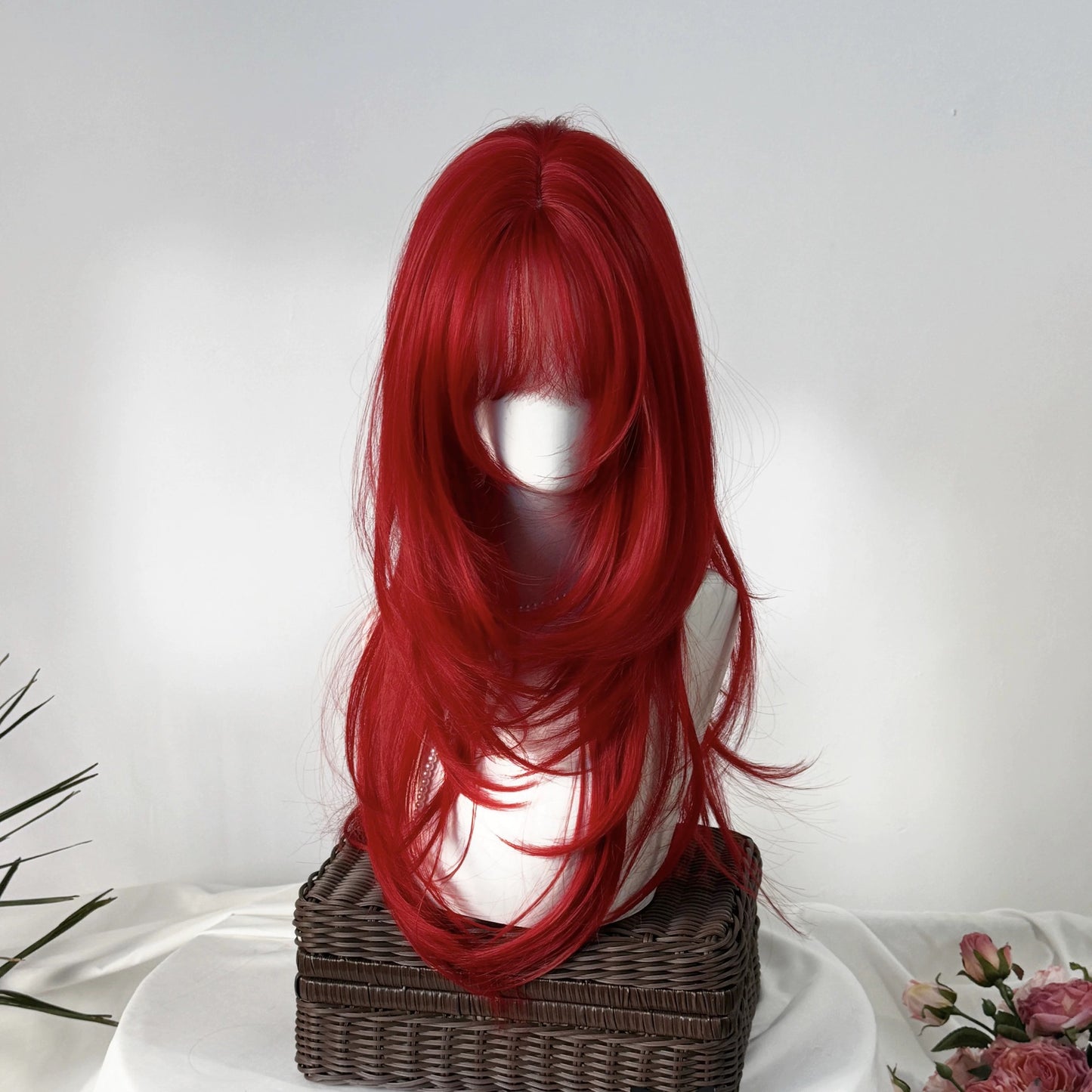 Women's King Red Bangs Hair Layered White Artificial Scalp Full Long Straight Wig