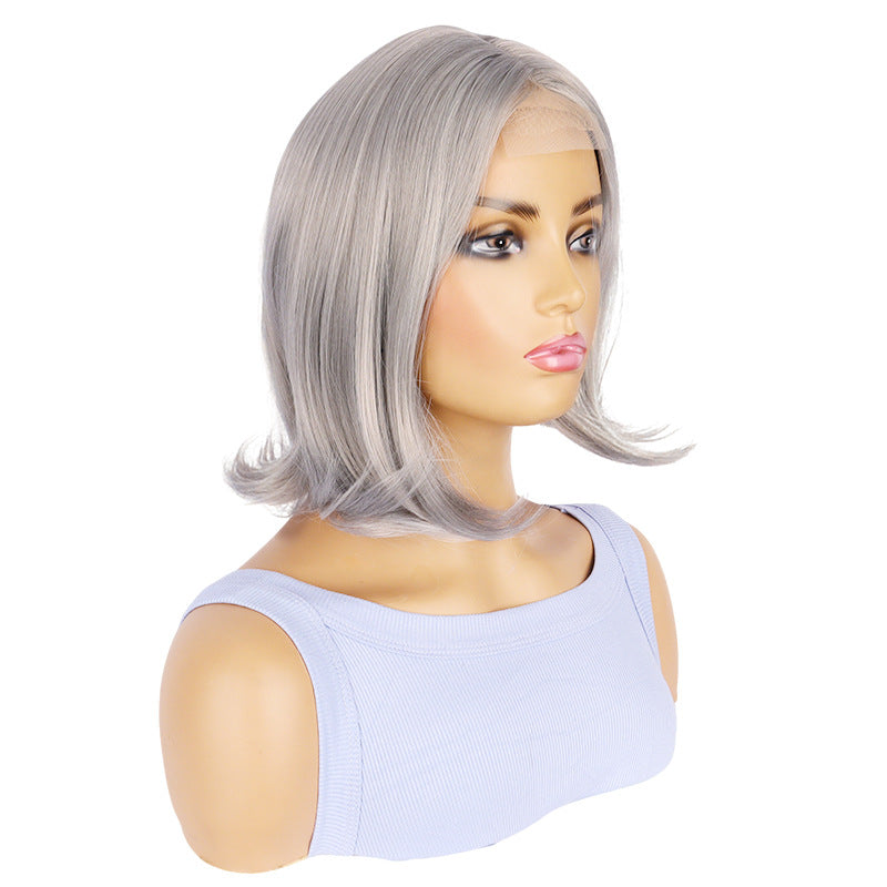 Women's Fashion Small Lace Gray Mid-length Head Wig Short Curly Hair