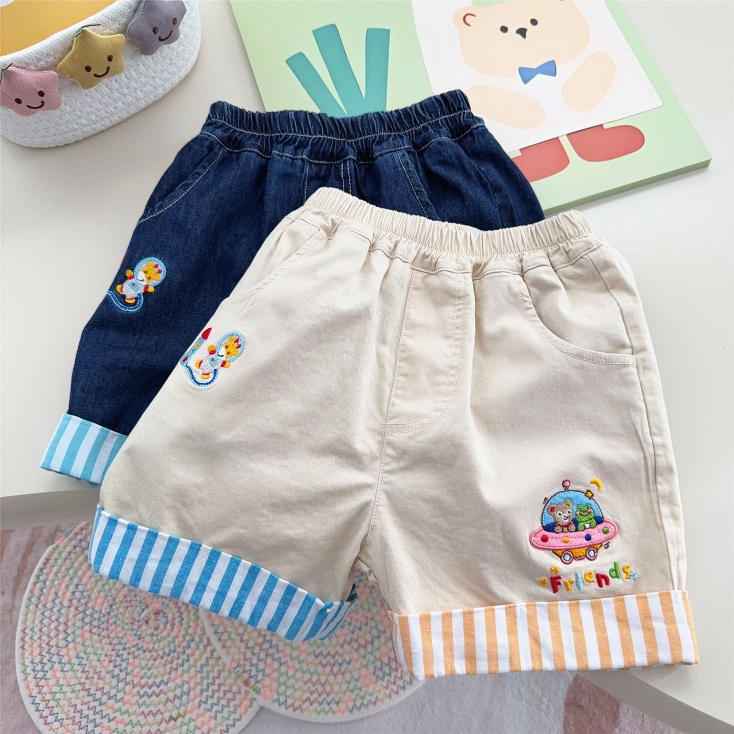 Color Matching Curling Summer Cartoon Patch Vertical Stripe Shorts Children's Pants
