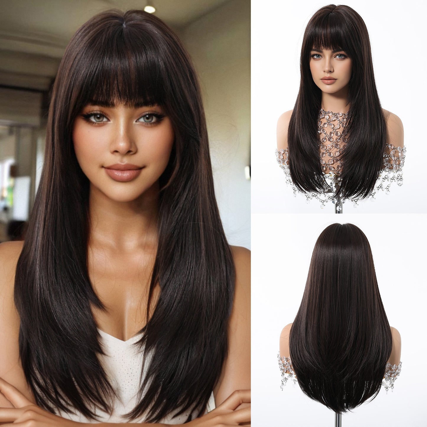 Dark Brown Bangs Level Hair Whole Top Long Straight Wig