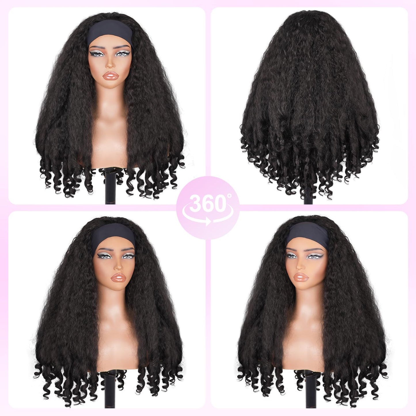 Women's Turban Curly African Black Ice Ribbon Synthetic Wig Long Curls