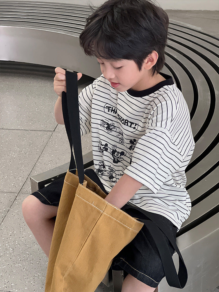 Children's Style Striped Cartoon Printed Round Neck Pullover Casual Children's T-shirt