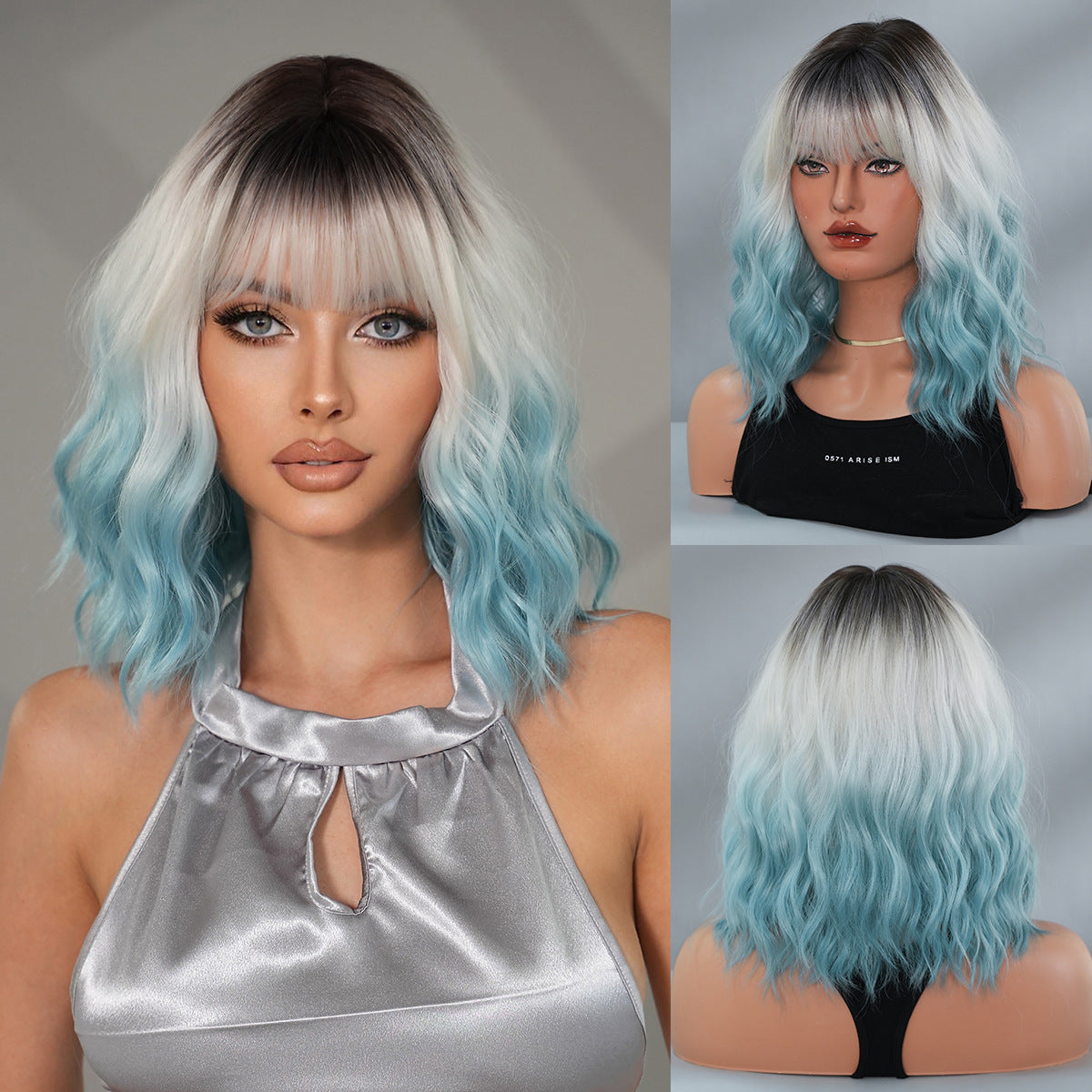 Gradient Blue Female Straight Bangs Water Ripple Head Chemical Wig Short Curly Hair