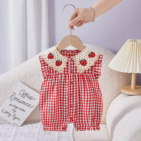 Summer Thin Short Sleeve Rompers Front Open Strawberry Plaid Jumpsuit Jumpsuit, Climbing Suit