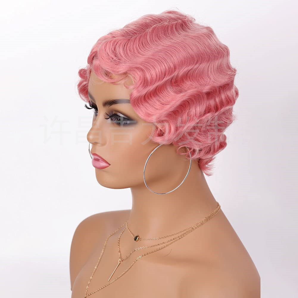 Head Cover Vintage Water Ripple Synthetic Wig Short Curly Hair