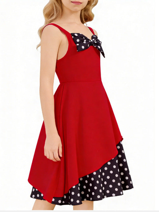Children's Clothing Vintage Cherry Print Sweet Bow Irregular Strap Children's Dress
