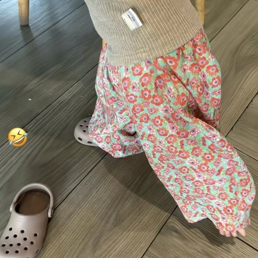 Korean Style Floral Pants Gray Fashion Short Sleeve Two-piece Wide Children's Suit