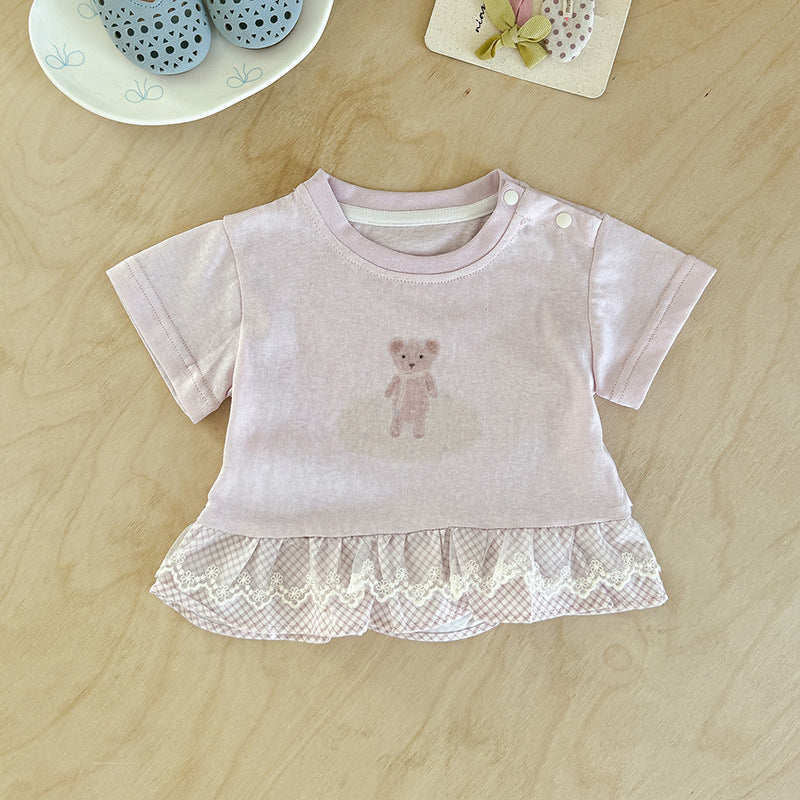 Summer Infant Cartoon Printed Top Sweet Lace Short Children's T-shirt