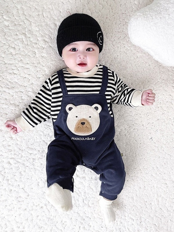 Striped Embroidered Bear Fleece-lined Jumpsuit Class Born Rompers Jumpsuit, Climbing Suit