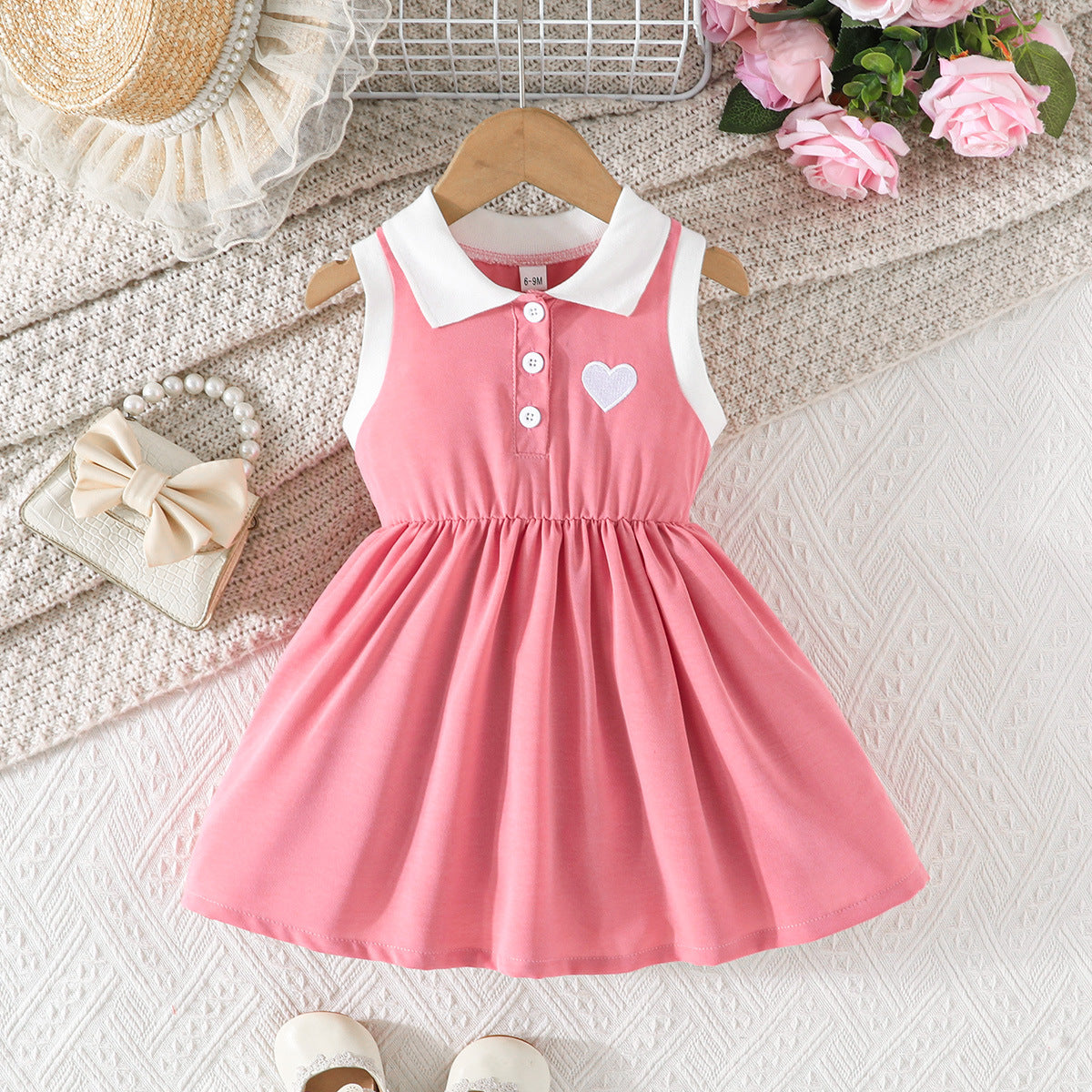 Summer Love Embroidered Lapel Sleeveless Waist Children's Dress