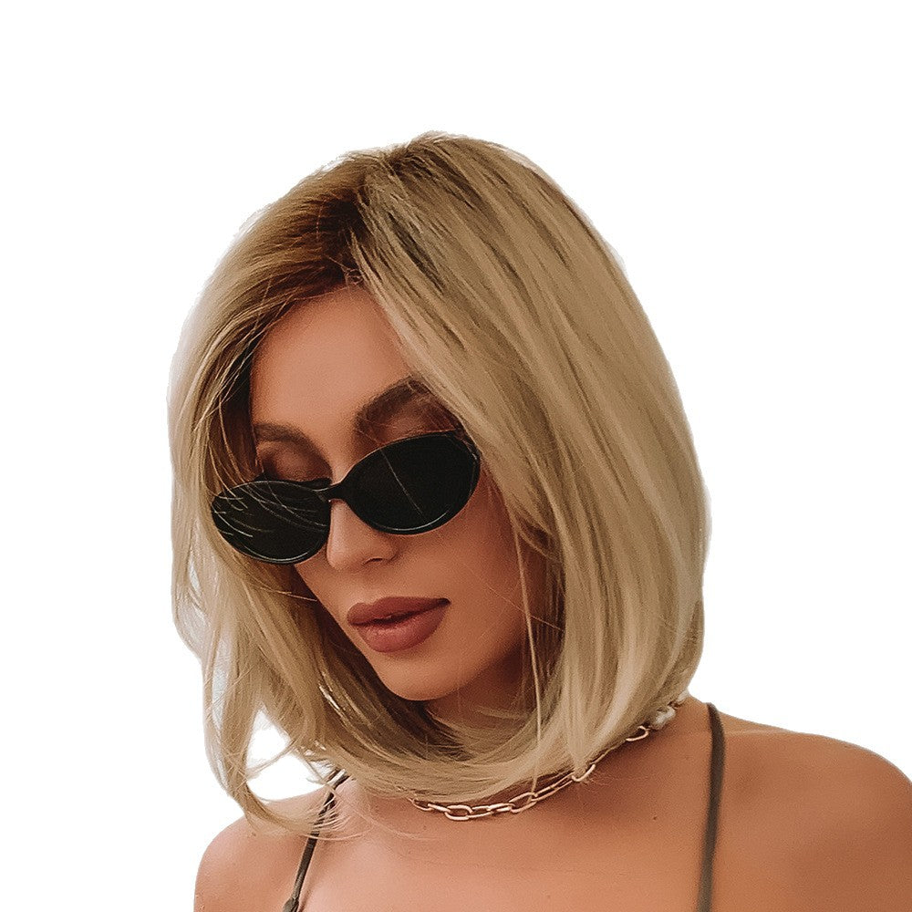 Women's Fashion Partial Gradient Golden Curling Fiber Wig Short Straight Hair