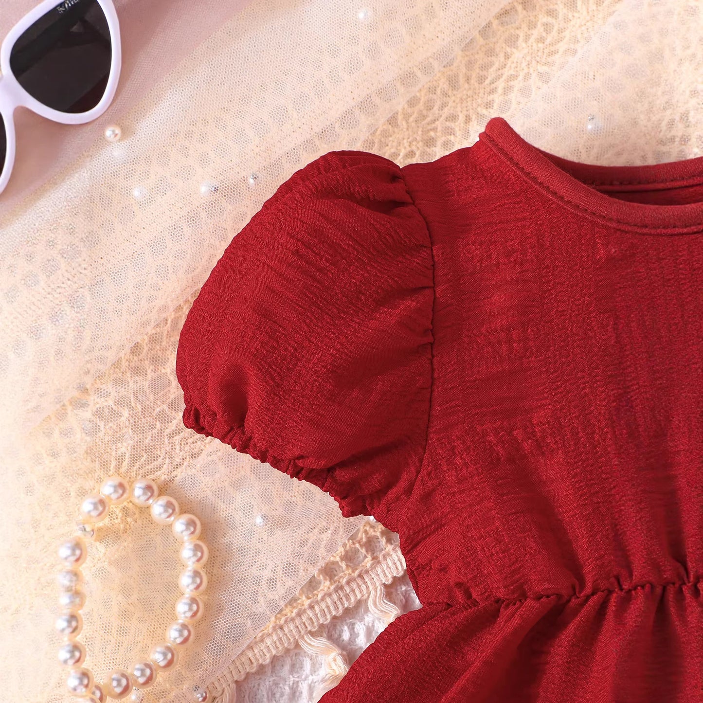 Summer Burgundy Puff Sleeve Bow Princess Western Children's Dress