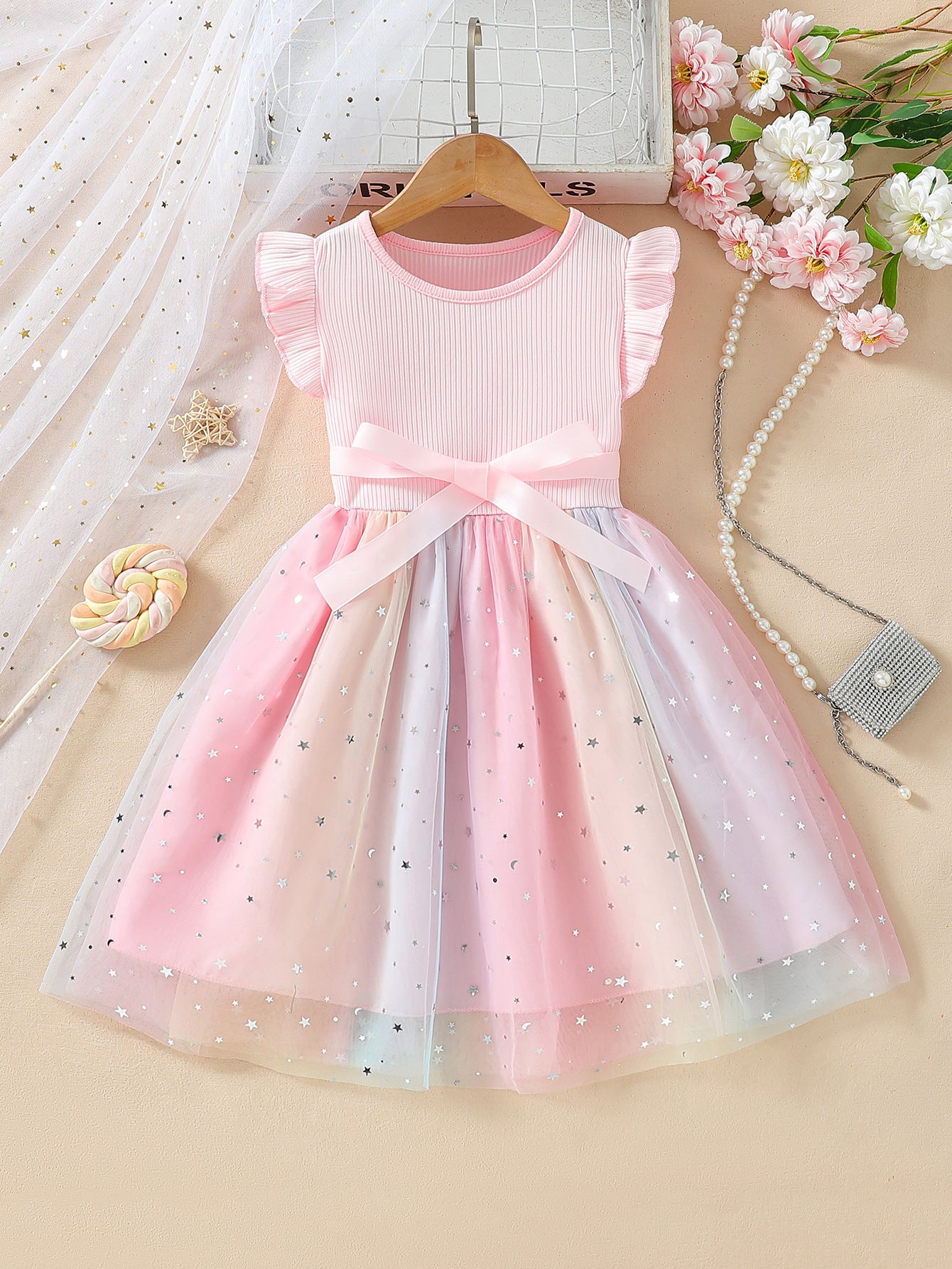 Children's Bow Summer Short-sleeved Gradient Mesh Princess Children's Dress