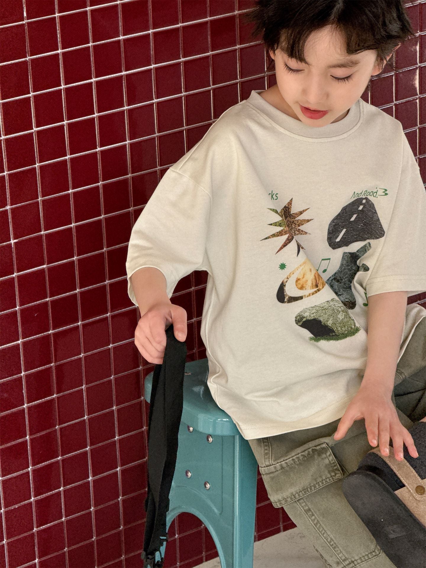 Children's Shirt Style Printed Round Neck Pullover Leisure Boys Loose Short Children's T-shirt