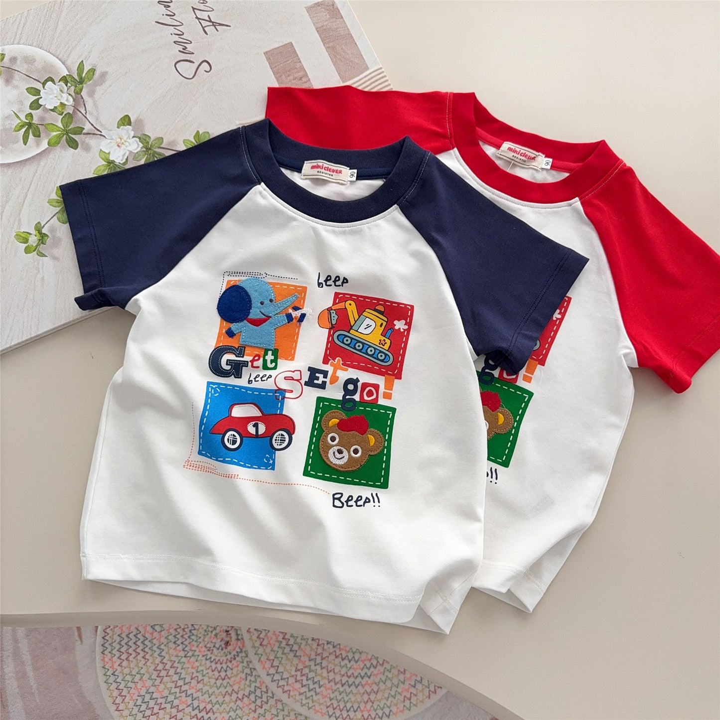 Children's Wear Style Boys Bear Excavator Raglan Short Sleeve Shirt Children's T-shirt