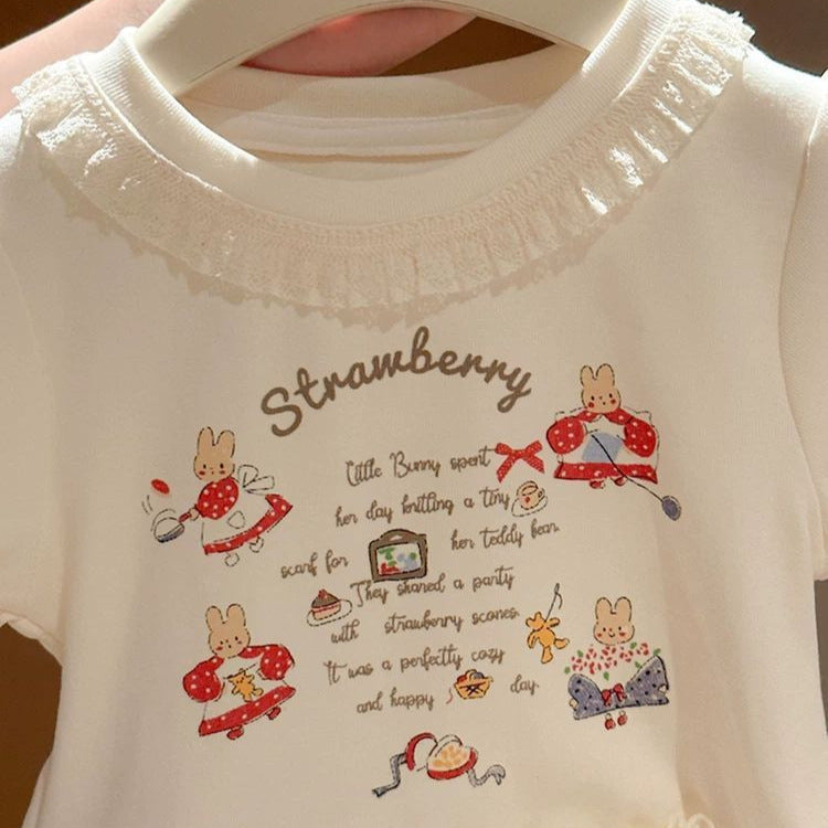 Women's Sweet Cute Cartoon Printed White Short-sleeved Ruffled Wooden Ear Children's T-shirt