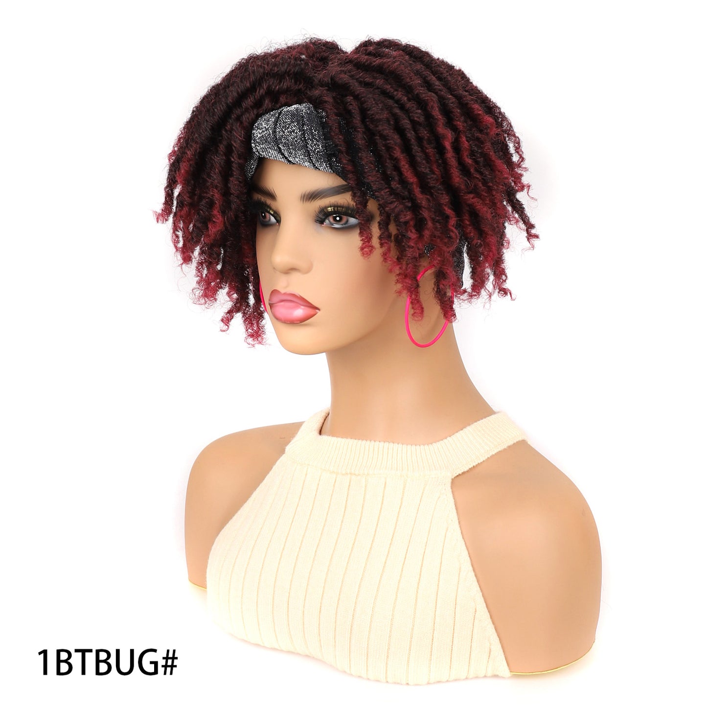 Turban Head Cover Black Sier Sleeve Curved Wig Short Curly Hair