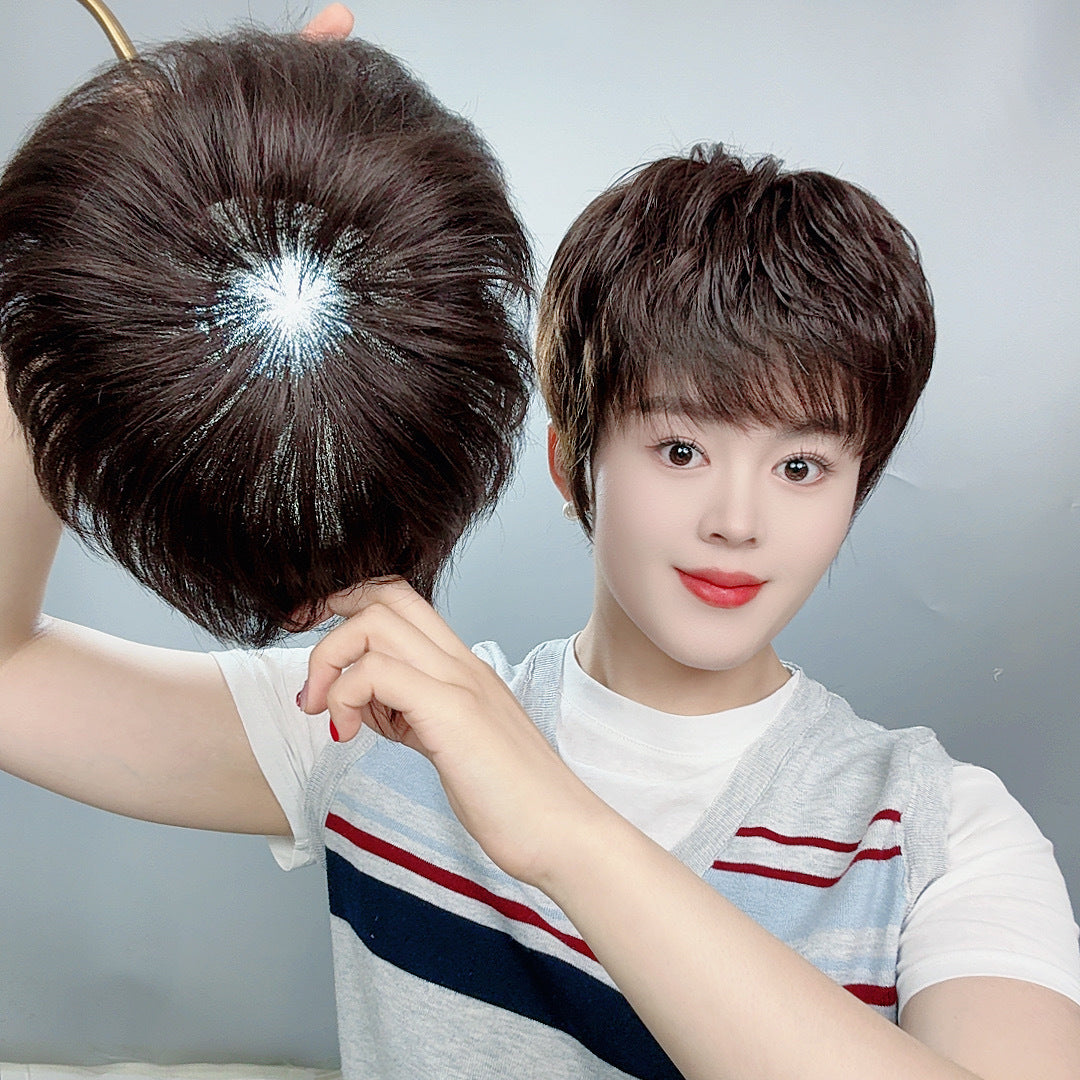 Women's Hand-woven Delivery Needle Mother's Sheath Real Wig Short Curly Hair