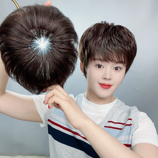 Women's Hand-woven Delivery Needle Mother's Sheath Real Wig Short Curly Hair