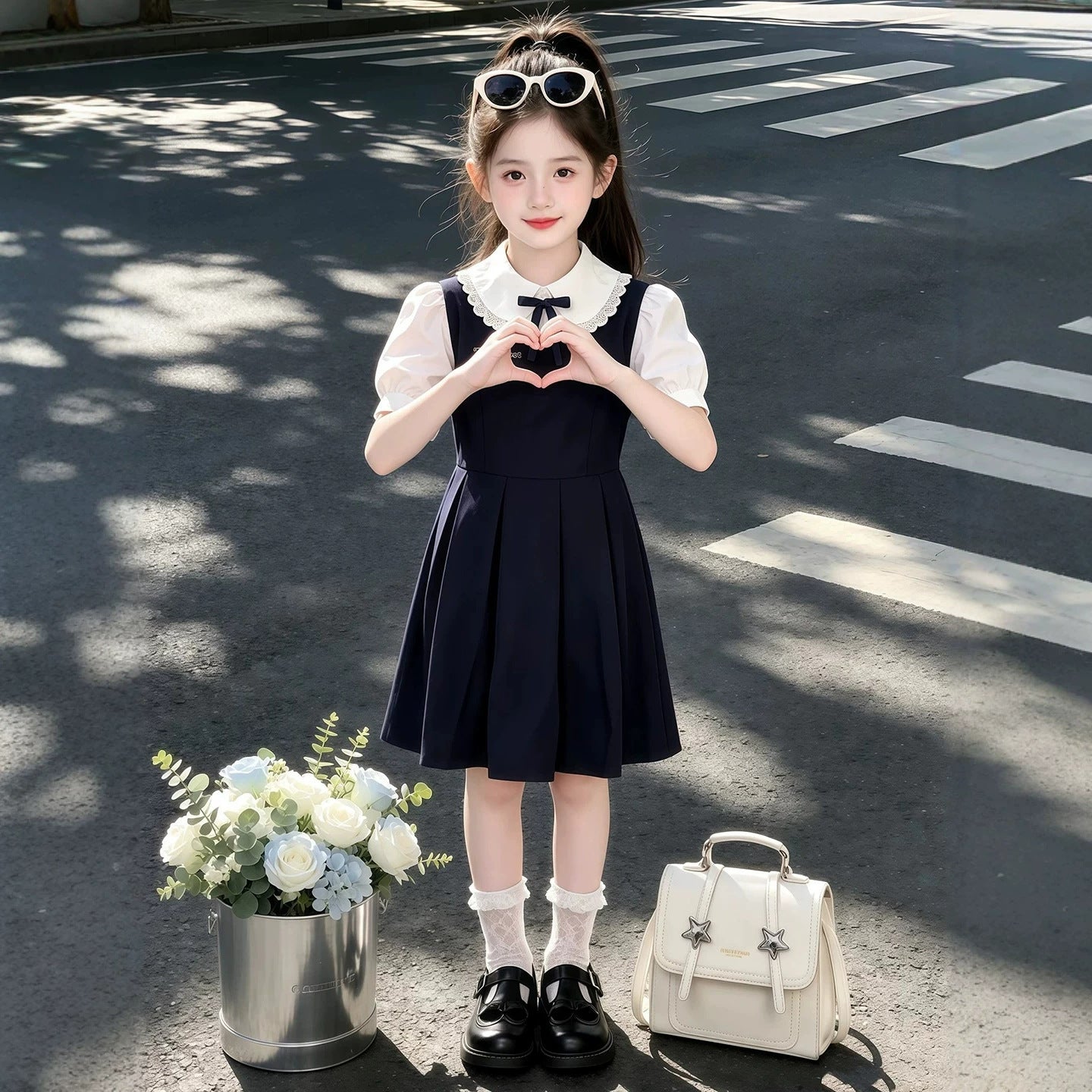 Summer Sweet Teens Short Sleeve Doll Collar Fake Two-piece Skirts Children's Dress
