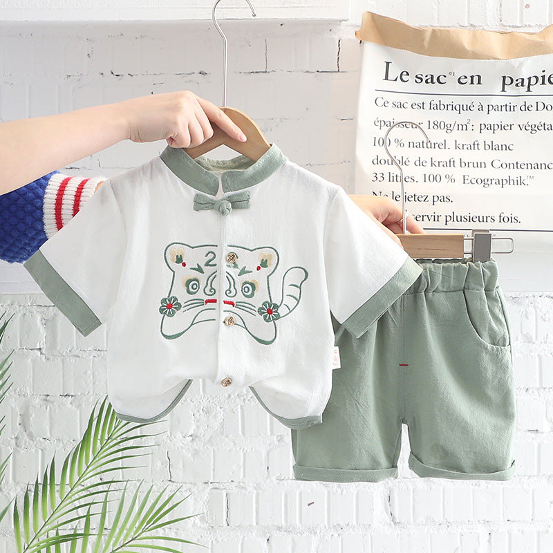 Children's Han Costume Cotton Linen Short Ethnic Clothes National Fashion Tiger Children's Suit