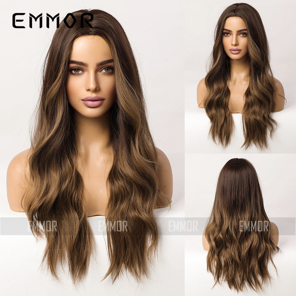 Brown Highlight Fiber Chemical Female Curly Long Straight Wig