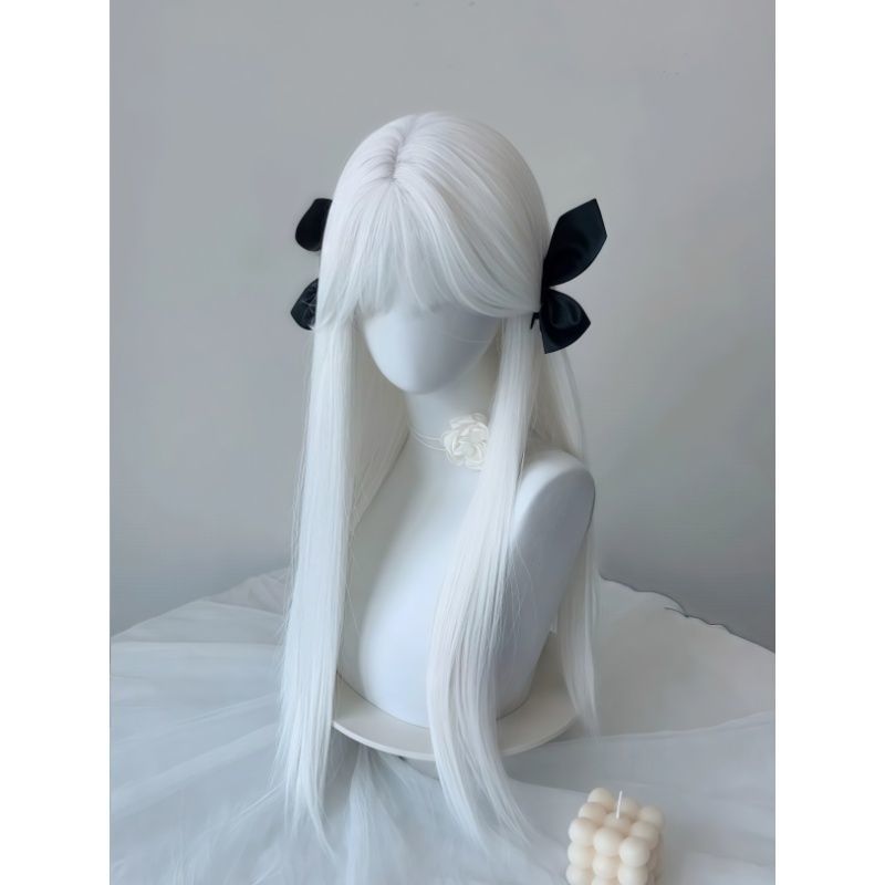 Women's Pure White Bangs Hair Fashion Natural Gothic Style Long Straight Wig