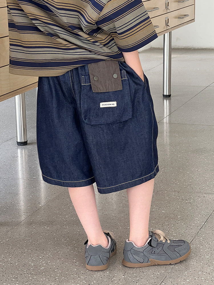 Korean Style Fashion Retro Characteristic Pocket Design Casual Soft Denim Children's Pants