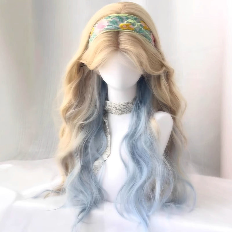 Female Platinum Color Gradient Blue Mid-length Bangs Curly Hair Natural Wig Long Curls