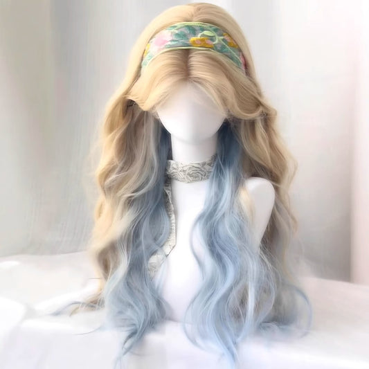 Female Platinum Color Gradient Blue Mid-length Bangs Curly Hair Natural Wig Long Curls