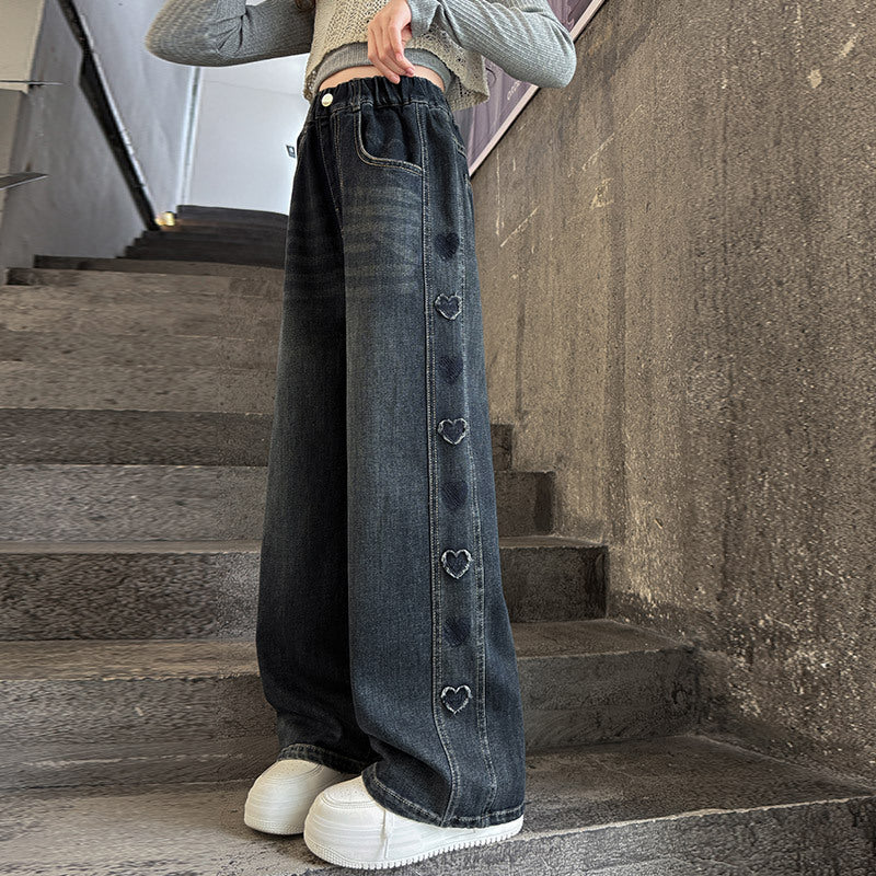 Side Frayed Heart Jeans Korean Style Western Children's Pants