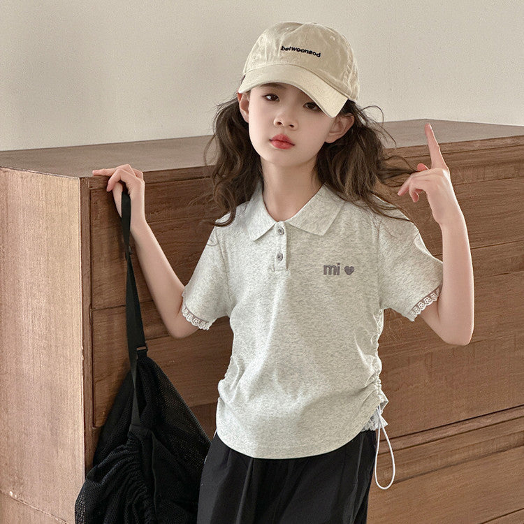 Shirt Short-sleeved Summer The Big Short Lace Blouse Slim Children's T-shirt