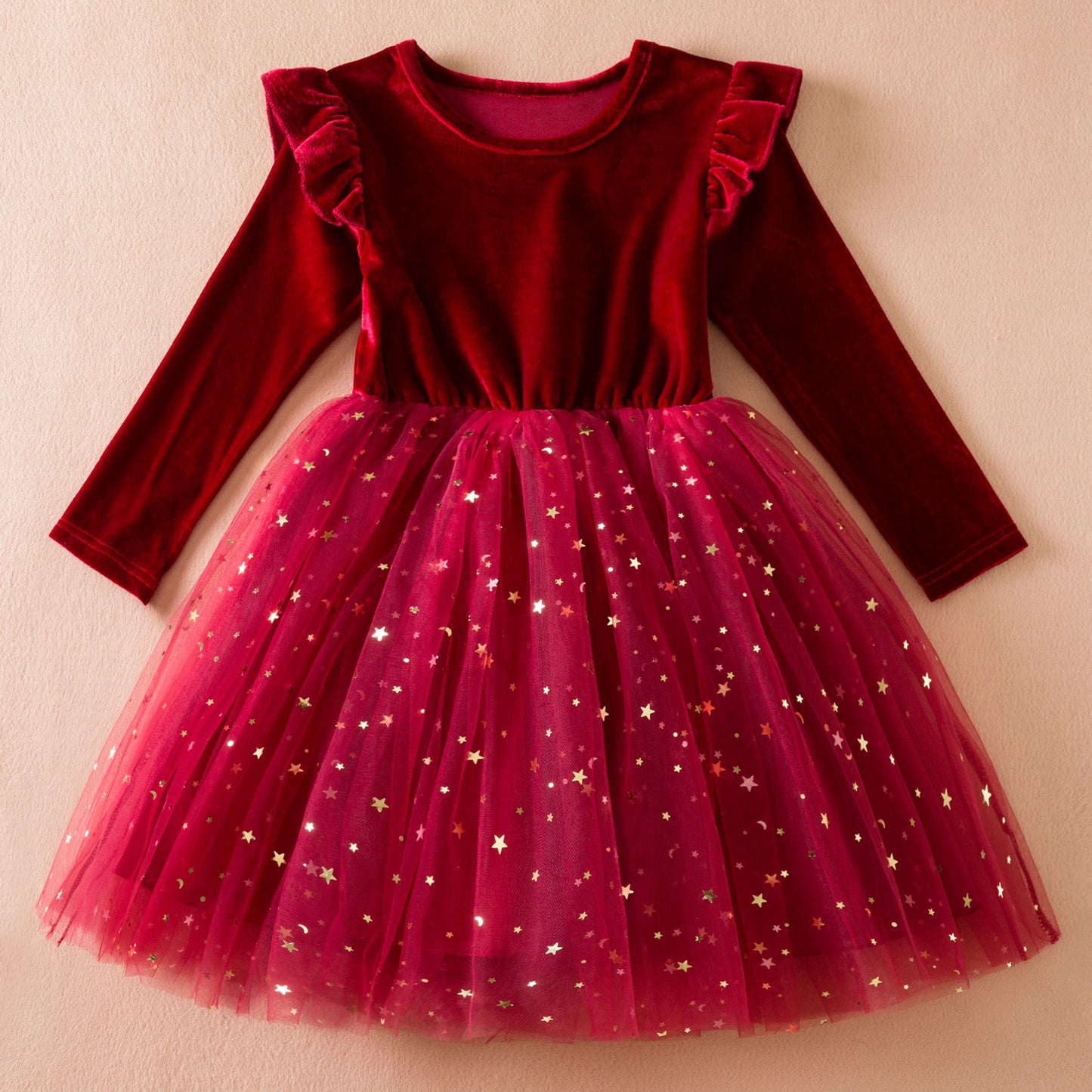 Children's Long-sleeved Fashionable Star Sequins Mesh Princess Christmas Children's Dress
