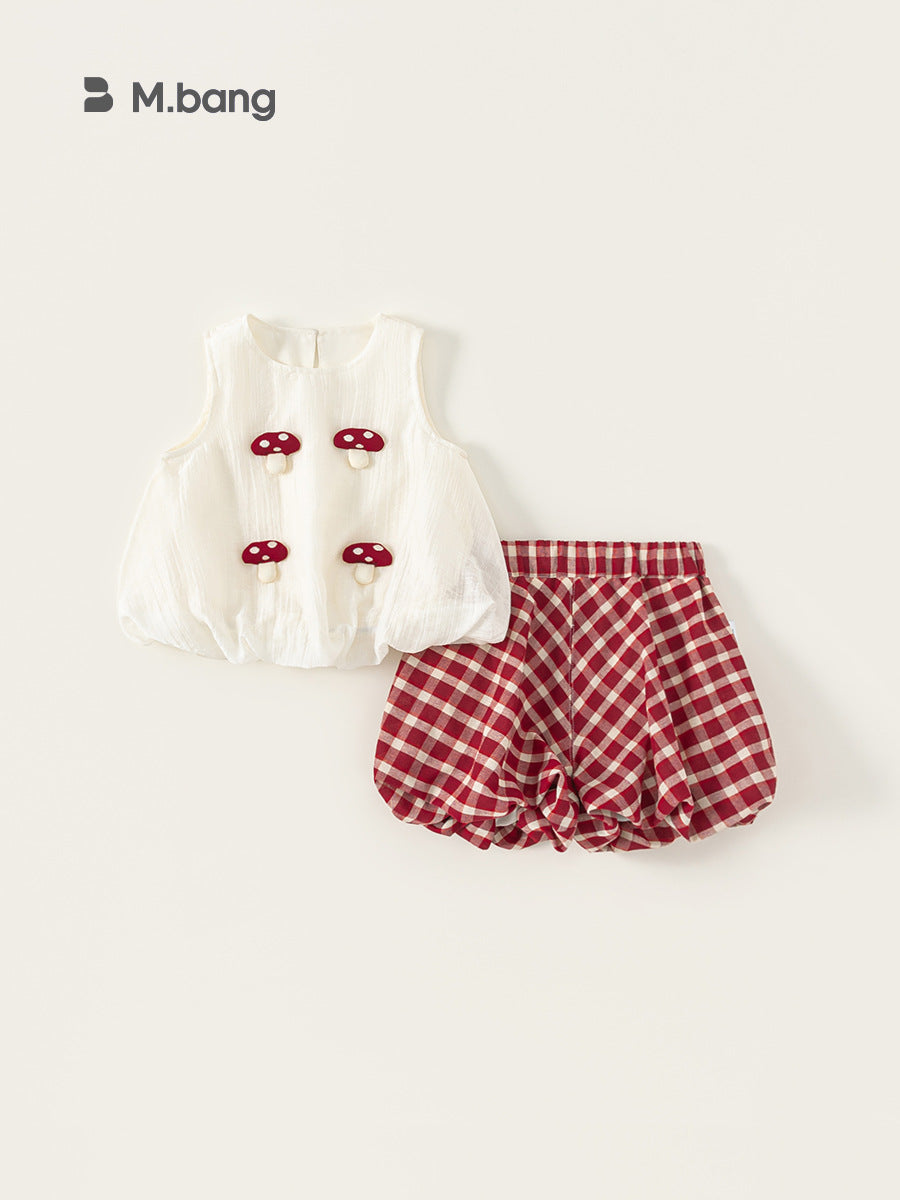 Children's Clothing Summer Tops Mushroom Sleeveless Plaid Bud Children's Suit