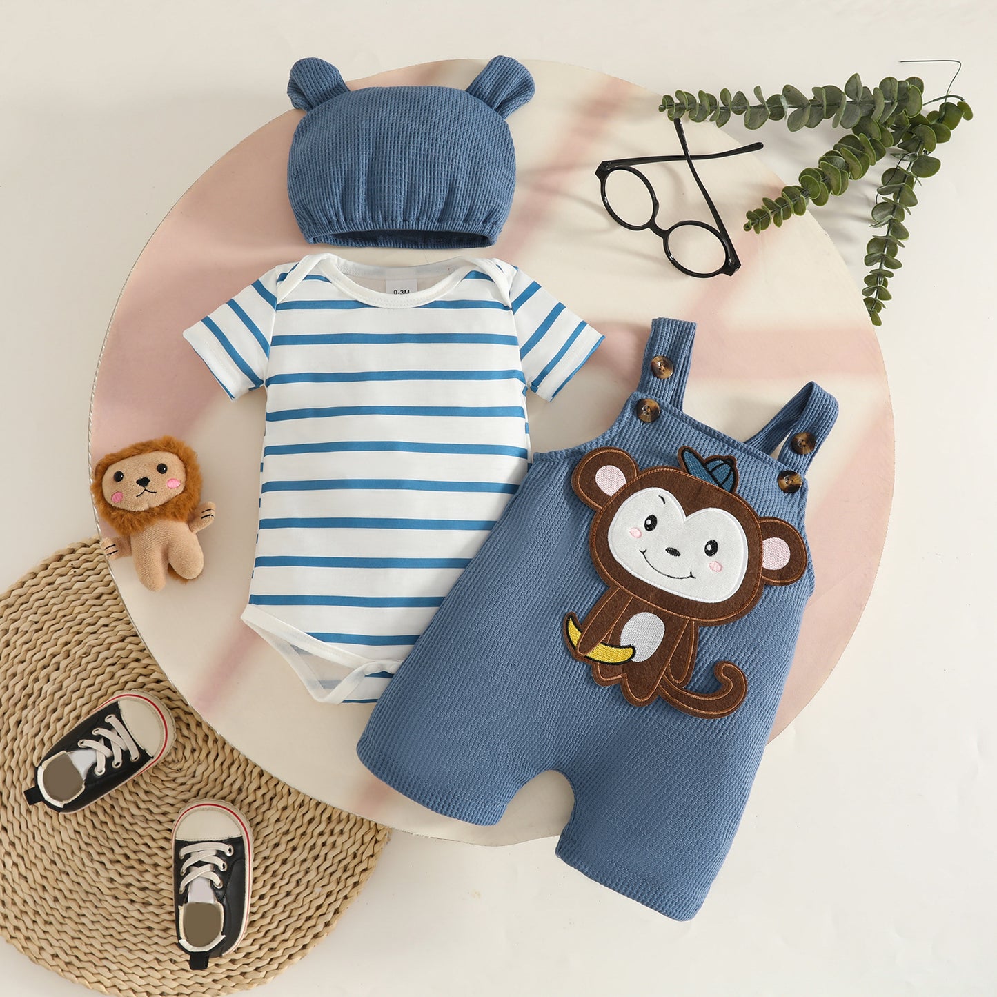 Boy Short Sleeve Striped Animal Pattern Triangle Jumpsuit Waffle Zhang Children's Suit