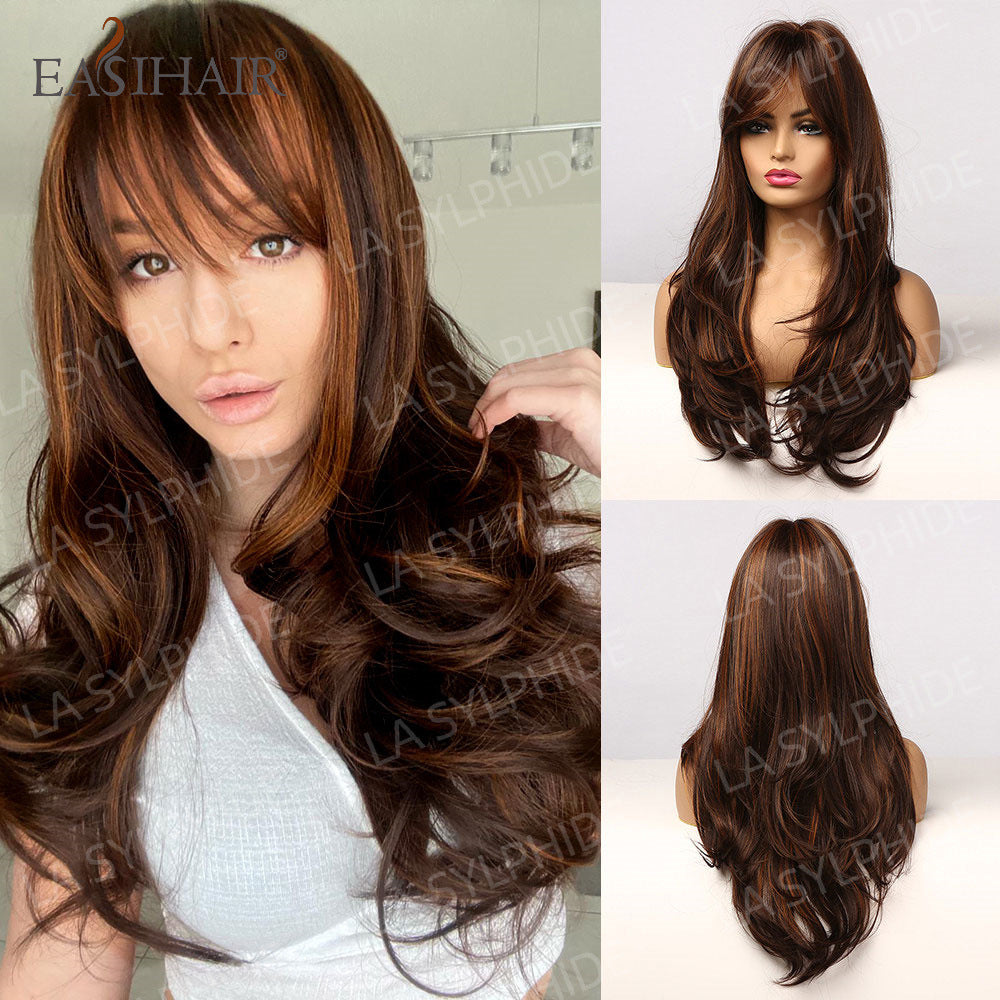 Red Brown Hair Side Bangs Female Mechanism Long Straight Wig