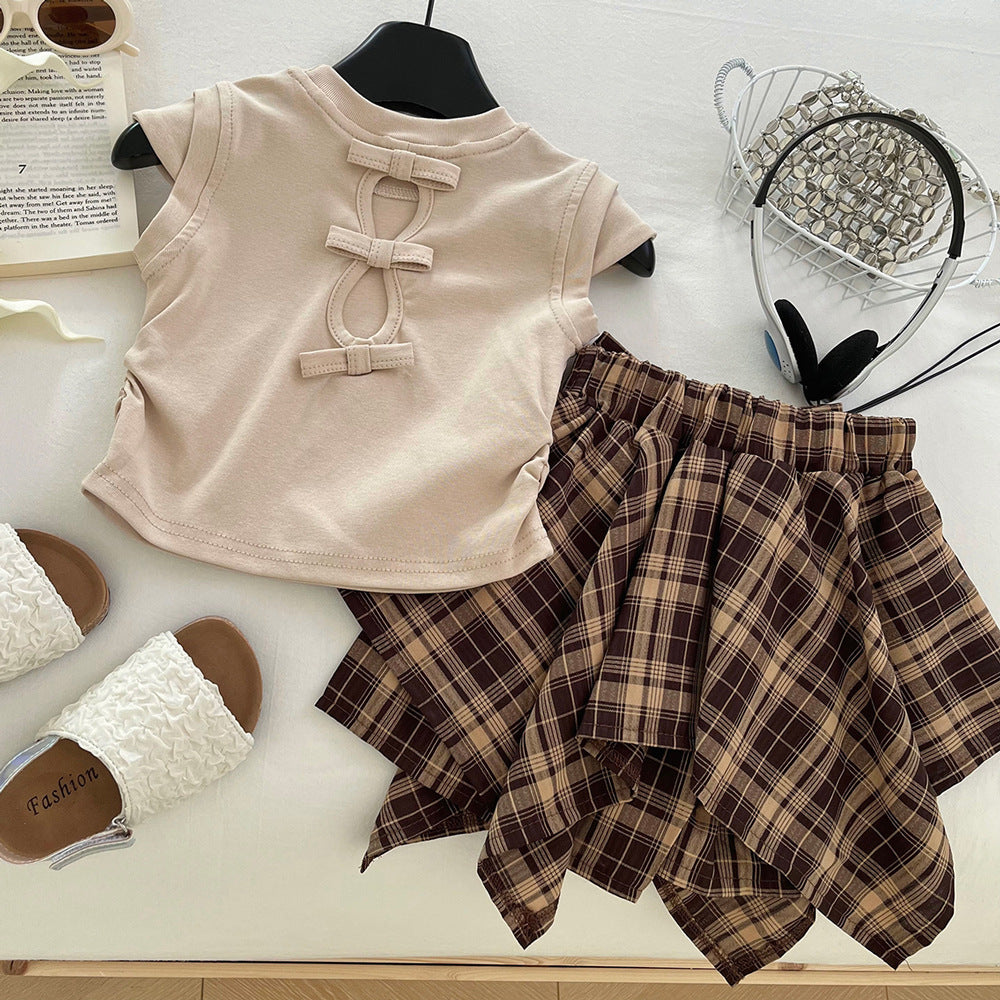 Thin Plaid Bow Irregular Skirt Two-piece Children's Suit