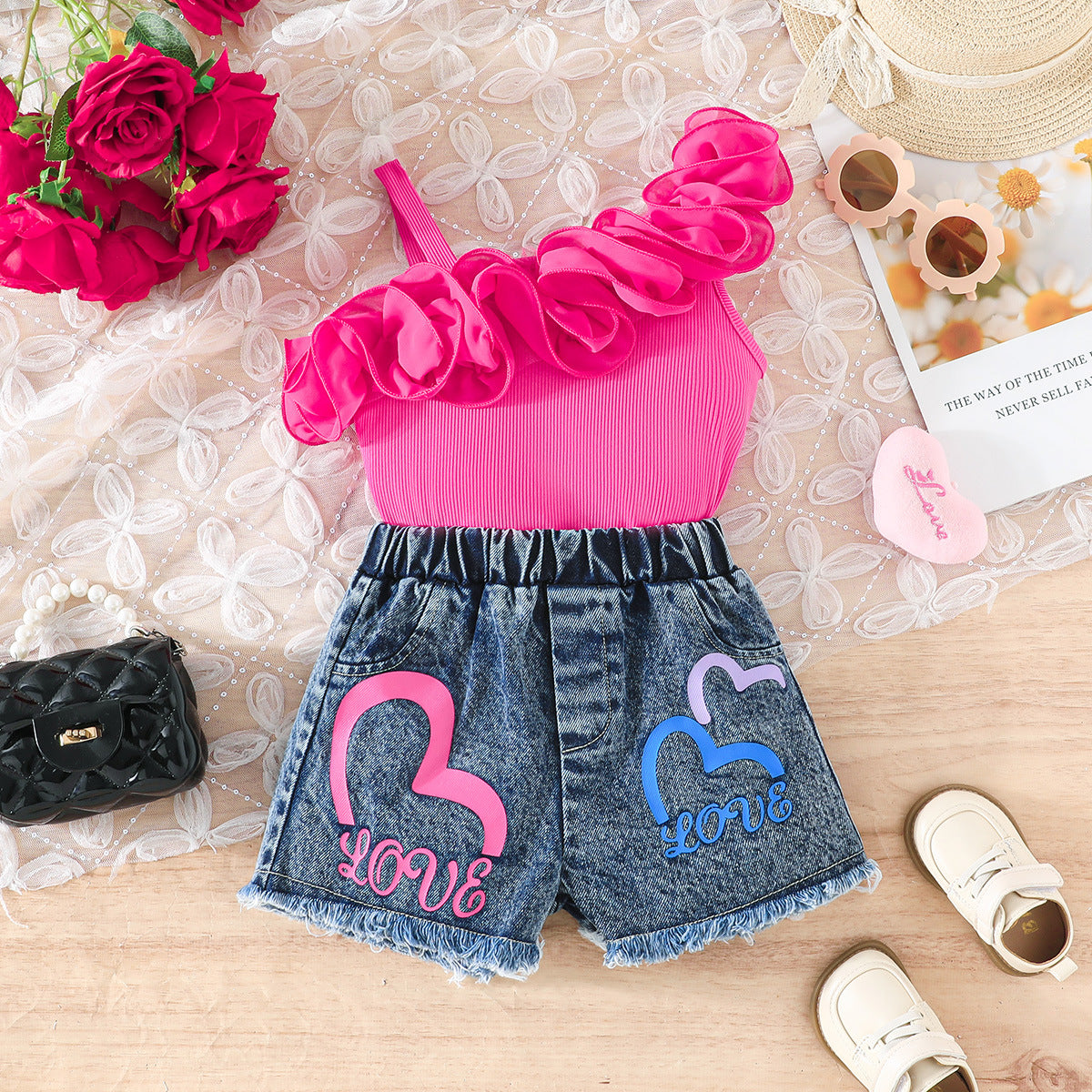 Ruffled Suspender Heart Printing Denim Shorts Children's Suit