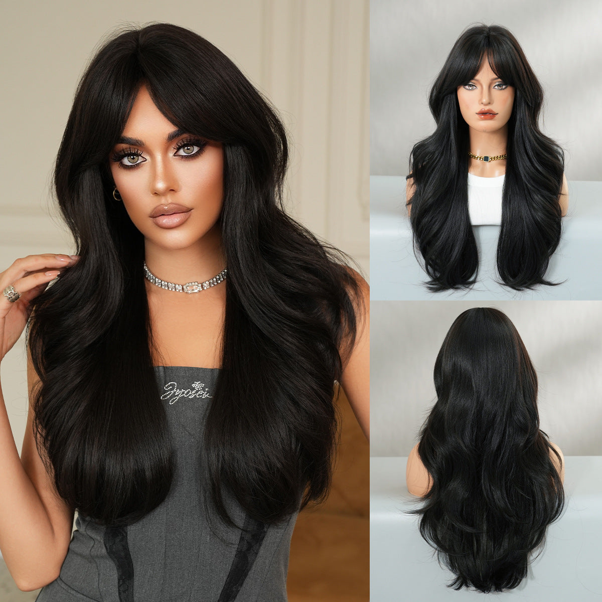 Quality Female Mid-point Wave Black Curly Hair Wig Long Curls