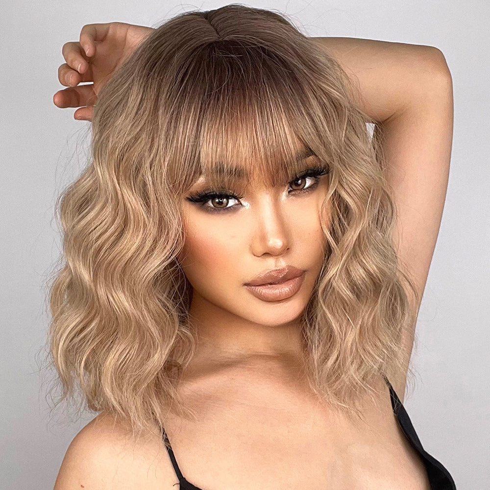 Water Ripple Black Gradient Golden Full Top Chemical Fiber Wig Short Curly Hair