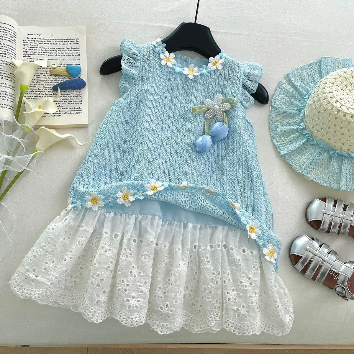 Summer Sleeveless Stitching Mesh Flower Korean Style Western Children's Dress