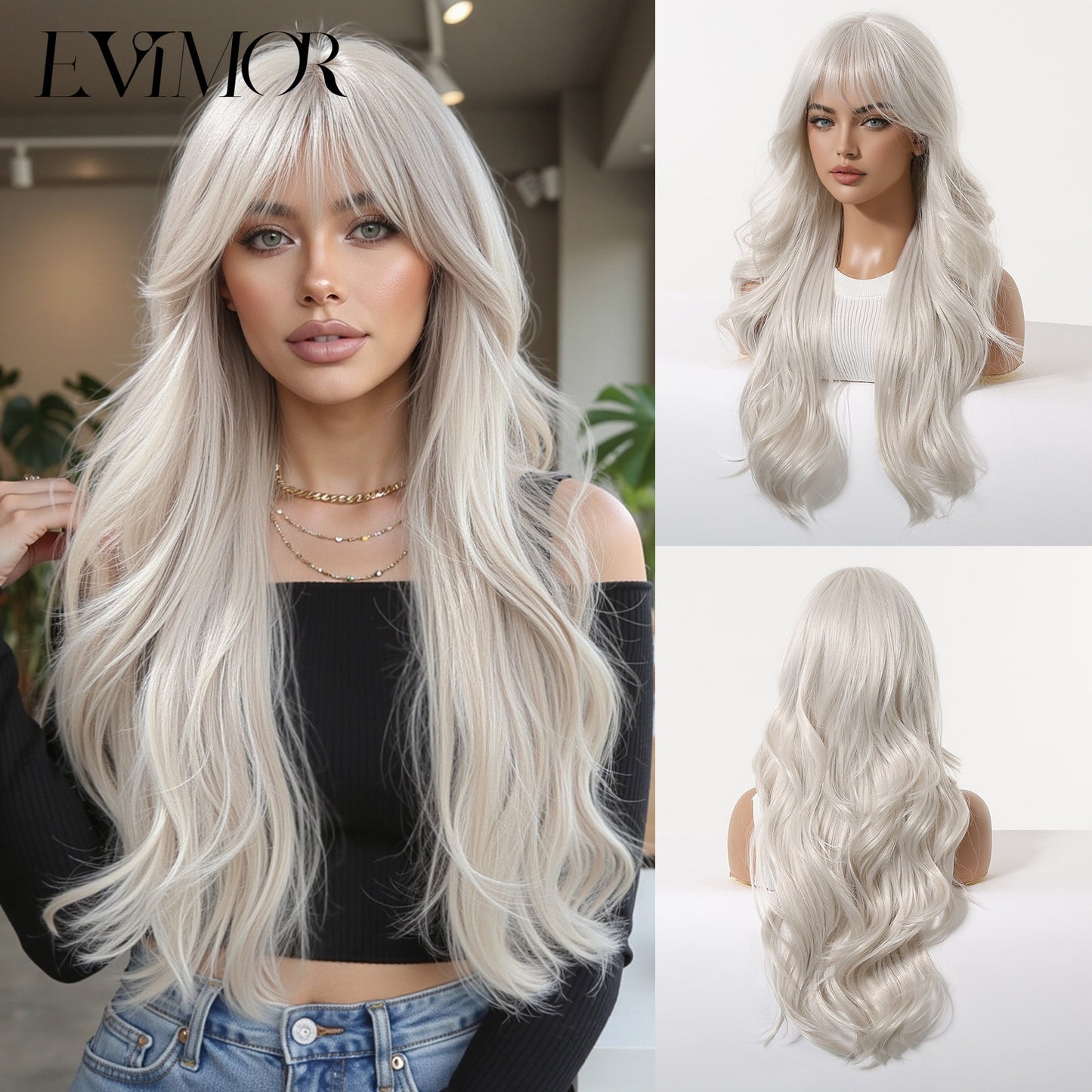 Gradient Gray Gold Curly Air Bangs Wig Long Curls