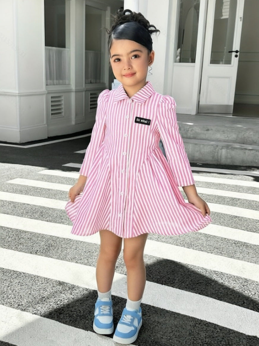 Casual Wear Matching Woven Long Sleeve Striped Tie Lace Children's Dress